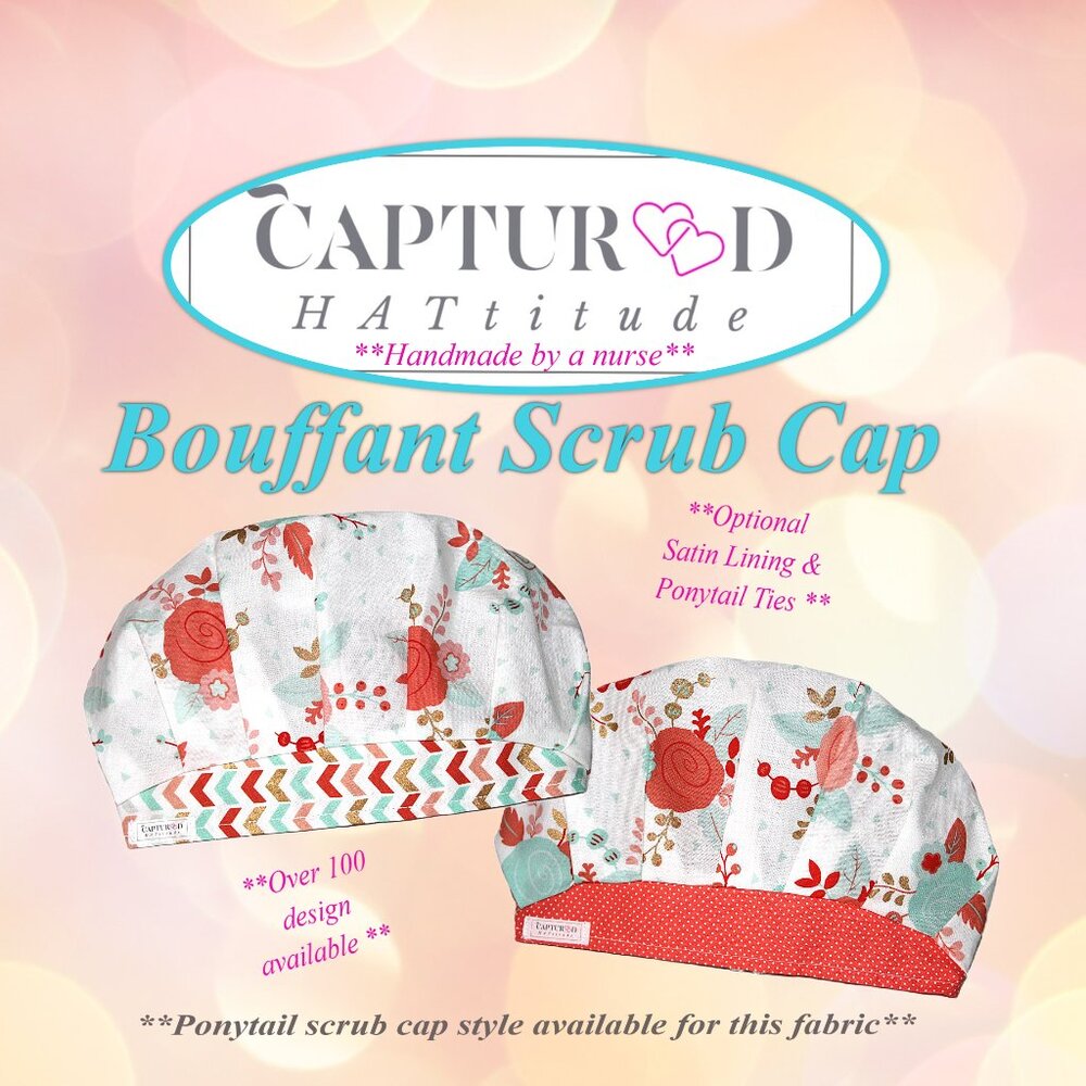 NWOT Handmade Pastel Roses Bouffant Scrub Cap- arrows, gold highlights